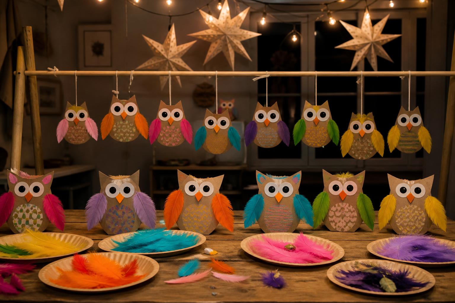 Kindergeburtstag Eulenparty: Werkstatttisch mit gebastelten Eulen aus Pappe und bunten Federn, große Pappaugen und Schnäbel, Federteller sortiert nach Farben, Astgalerie aus Wäschestange im Hintergrund, warme Lichterkette, ohne Personen