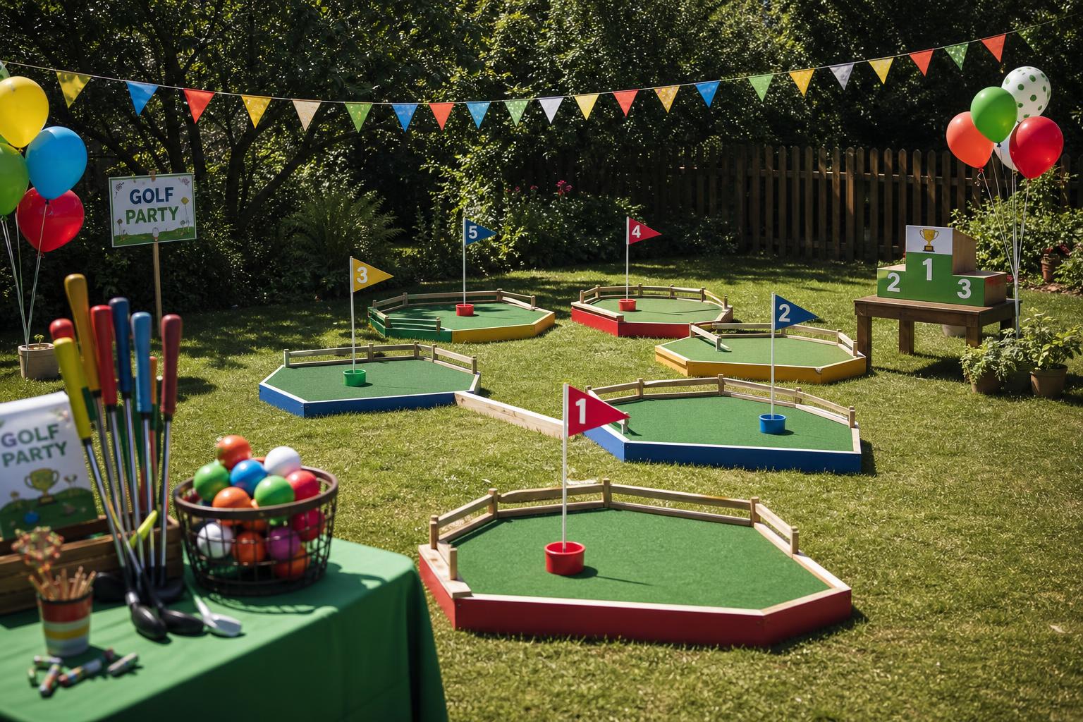 Kindergeburtstag Golfparty: Gartenparcours mit fünf abgeklebten Bahnen, Becherloch mit Fahne, bunte Plastikbälle mit Namenspunkten, Werkstatttisch mit Zeitungsbechern und Klebeband, Wasserbahn mit Wanne im Hintergrund, ohne Personen