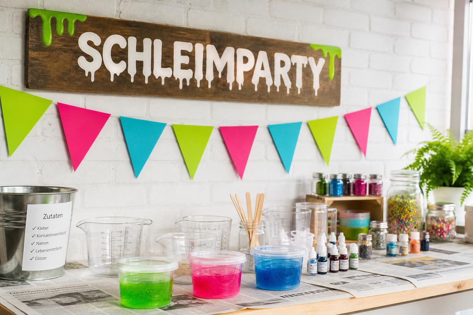 Kindergeburtstag Schleimparty: Werkbank mit bunten Schleimtöpfen in Grün, Pink und Blau, Messbecher, Rührstäbchen und Lebensmittelfarben, Glitzerdosen, abgedeckter Tisch mit Unterlagen, ohne Personen