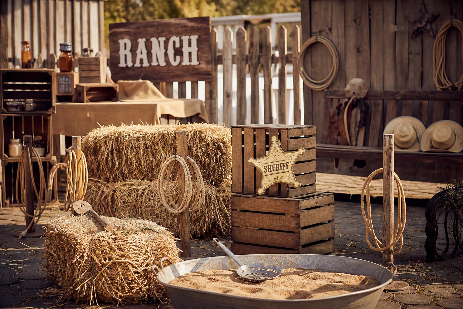 Kindergeburtstag Wildwestparty: dekorierte Partyfläche im Wildweststil mit Strohballen, Holzkisten, Seilringen, Goldwaschwanne und Sherifftafeln, warmes Nachmittagslicht, ohne Personen