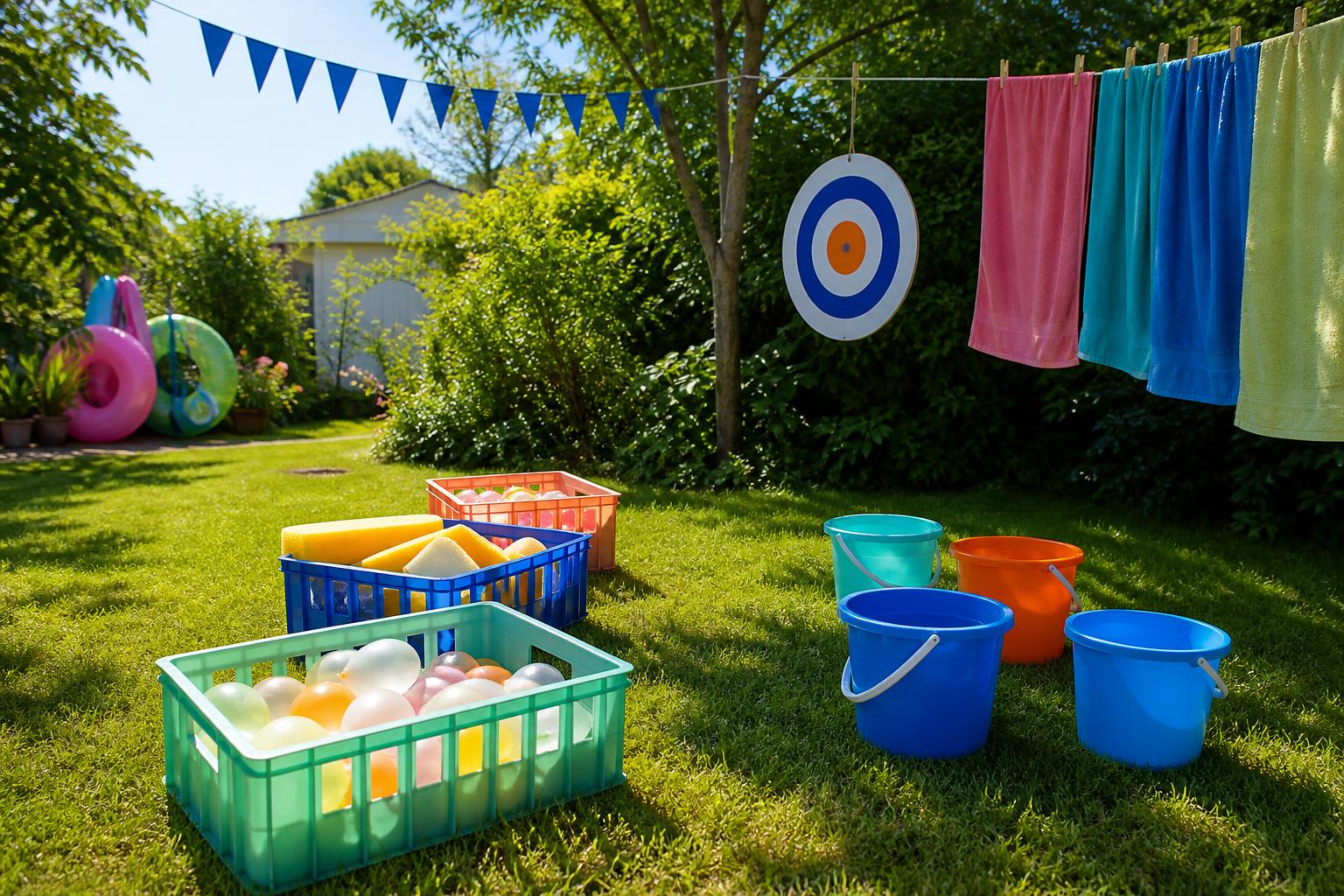 Kindergeburtstag Wasserschlachtparty: sonniger Garten mit Wassereimern, Wasserbomben in Kisten, großen Schwämmen, Zielscheibe und Handtuchstation auf der Wiese, Sommerlicht, ohne Personen
