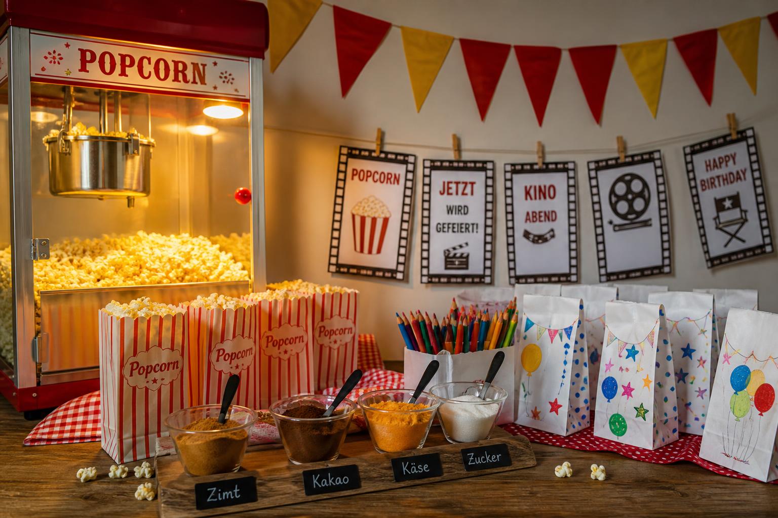 Kindergeburtstag Popcornparty: Popcornmaschine auf gedecktem Tisch, gefüllte Papier Tüten mit Popcorn, Toppings Schalen mit Zimt und Käsepulver, Filmplakate aus Pappe, warmes Licht, ohne Personen