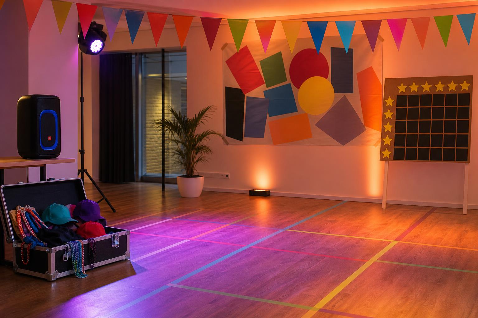 Kindergeburtstag HipHopparty: Tanzfläche mit bunter Bodenmarkierung aus Klebeband, Lautsprecher, Sternentafel aus Pappe, Kappen und Tupfertücher in Kisten, Wimpelband, Scheinwerferlicht, ohne Personen