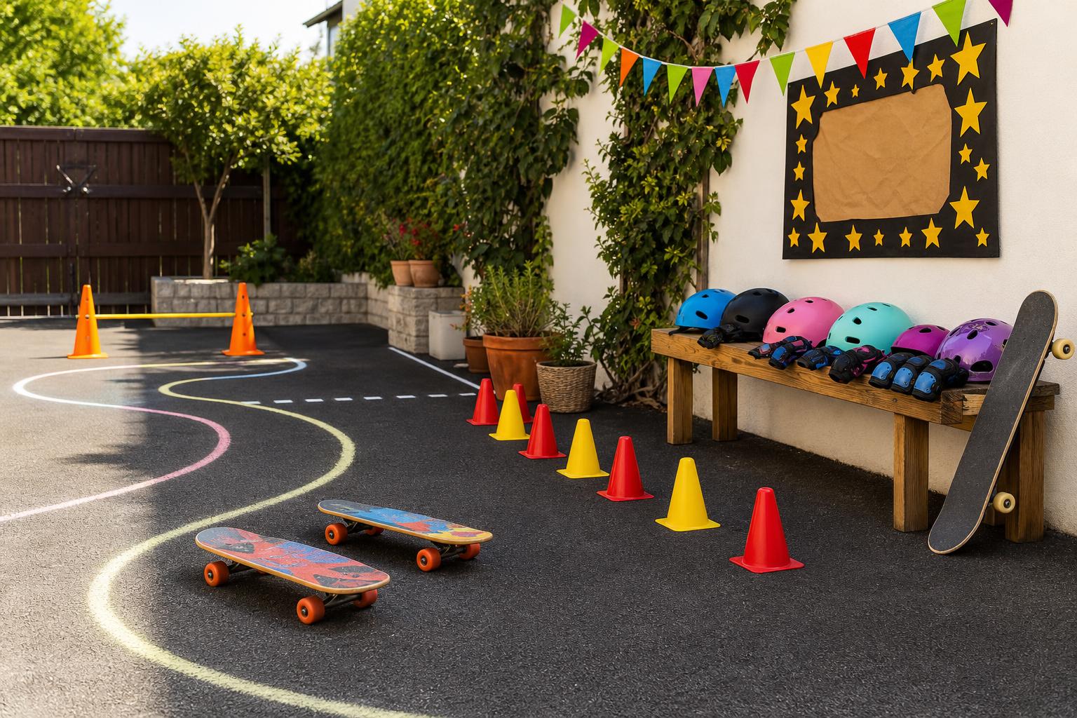 Kindergeburtstag Skateboardparty: glatter Hof mit Kreideparcours, Pylonen, Skateboards mit bunten Unterseiten, Helme und Schonergarnitur auf Bank, Sternentafel aus Pappe, Wimpelband, ohne Personen