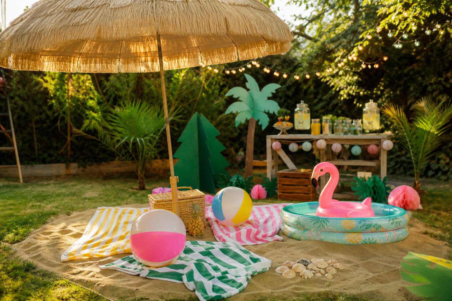 Beachparty: Garten als Strand mit Sonnenschirm aus Stroh, gestreiften Strandhandtüchern, bunten Strandbällen, Planschbecken mit aufblasbarem Flamingo, Muscheln und Limonadenstation, ohne Personen