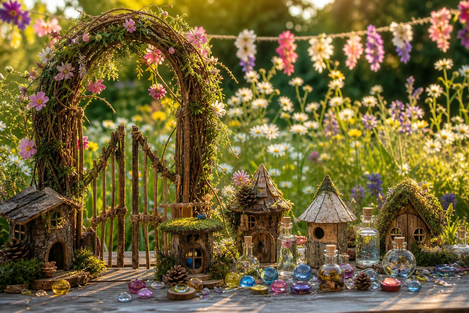 Feengartenparty: Selbstgebautes Feentor aus geflochtenen Zweigen mit Blütenkranz, kleine Feenhäuser aus Rinde und Moos auf einem Gartentisch, Glitzersteine, Glasflaschen mit Blütenwasser und blühende Wiese im goldenen Nachmittagslicht, ohne Personen
