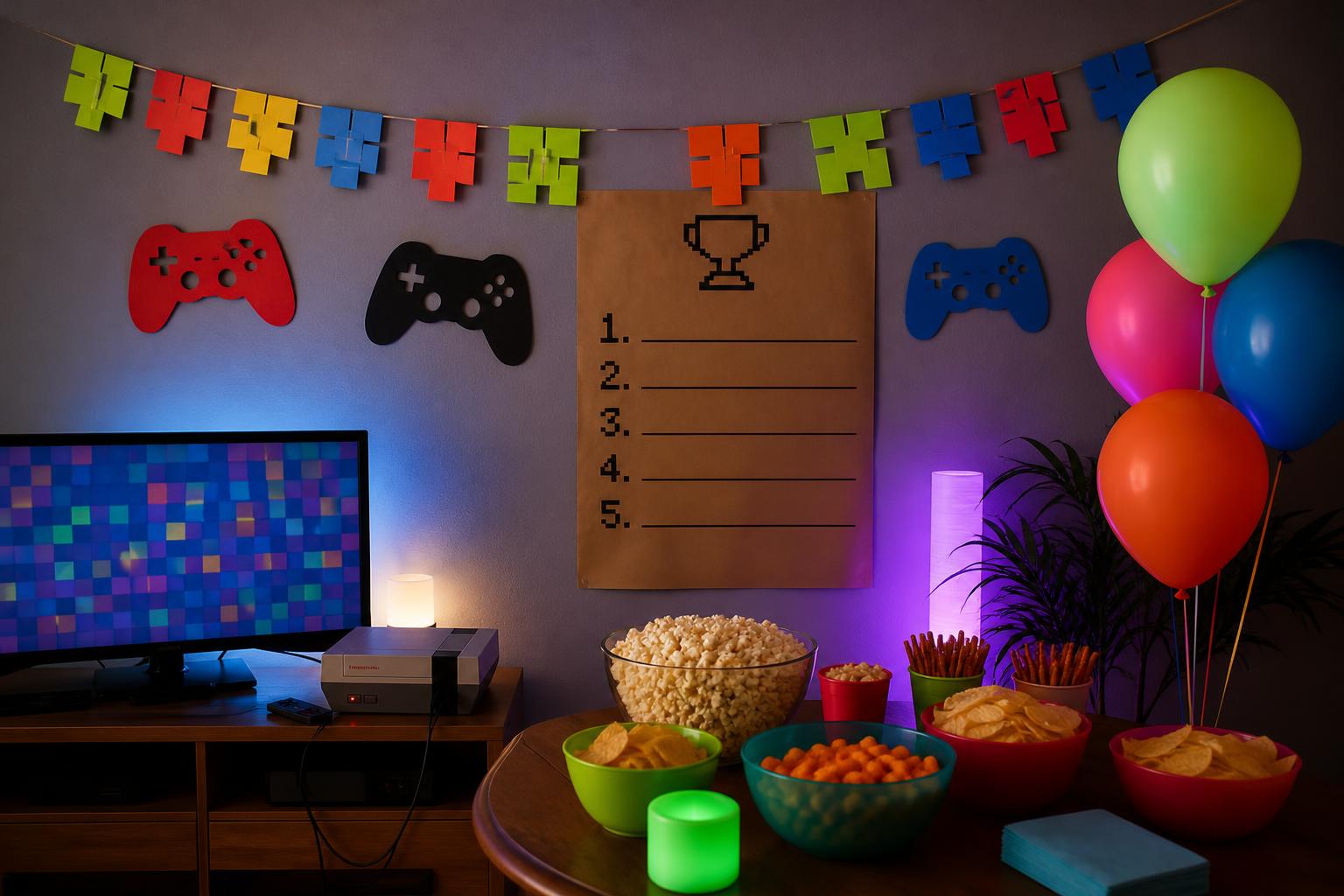 Gamingparty: Girlande aus bunten Papierquadraten im Pixelstil, Controller-Silhouetten aus Karton an der Wand, Kraftpapier-Highscore-Tafel, generische Retro-Konsole ohne Logo neben einem Bildschirm mit abstraktem Pixelmuster, Luftballons in Neonfarben und Snacktisch, ohne Personen