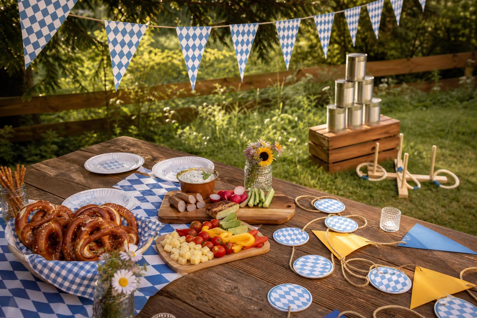 Oktoberfestparty: Langer Holztafel mit frisch gebackenen Laugenbrezn und Brotzeitbrettl, blauweiße Wimpelgirlande mit Rautenmuster, Dosenpyramide und Kranzwerfstand aus Holz auf einer Festwiese, im Hintergrund weißblaue Festzeltwimpel, ohne Personen