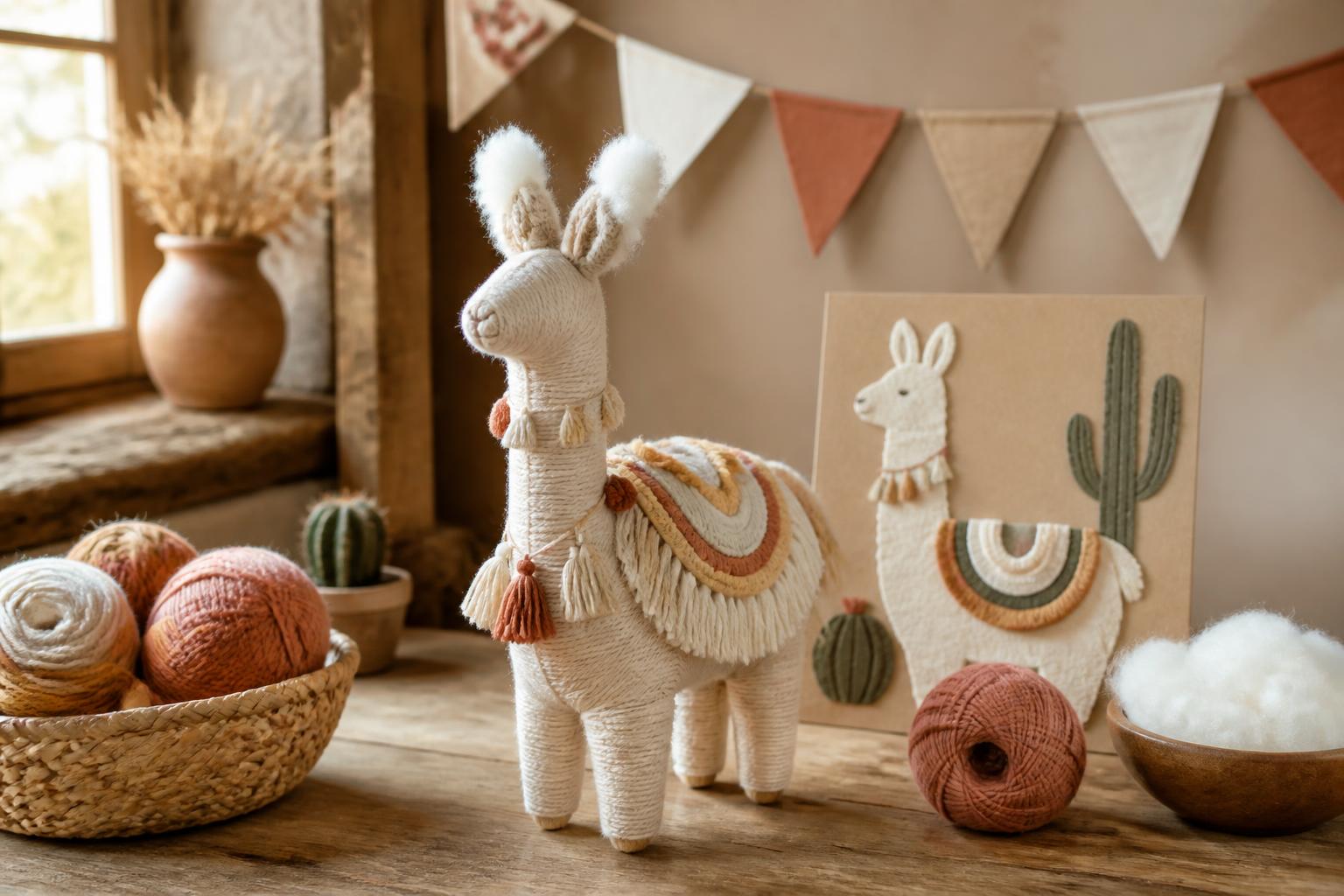 Lamaparty: Plüschiges WollLama aus beige-weißer Wolle mit selbst geknüpften Pomponohrquasten auf Holztisch, daneben bunte Wolllknäuel, Papprahmen mit Wollbild und Girlande aus Wimpeln in warmen Erdtönen, ohne Personen