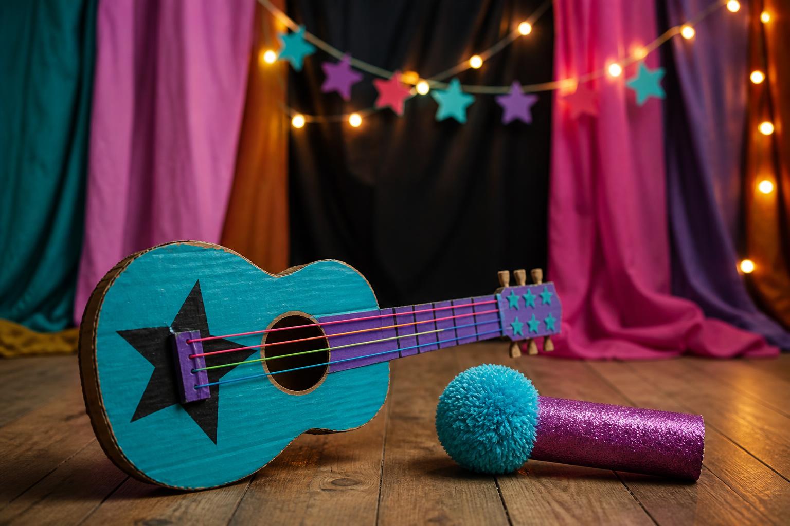 Rockstarparty: Selbstgebaute Kindergitarre aus Pappe mit Gummisaiten und bunter Bemalung neben Mikrofon aus Klopapierrolle mit Glitzerkugel auf Holzbühne, dahinter Vorhang aus bunten Laken und Sternengirlande, Scheinwerferlicht aus batteriebetriebenen Lichtern, ohne Personen