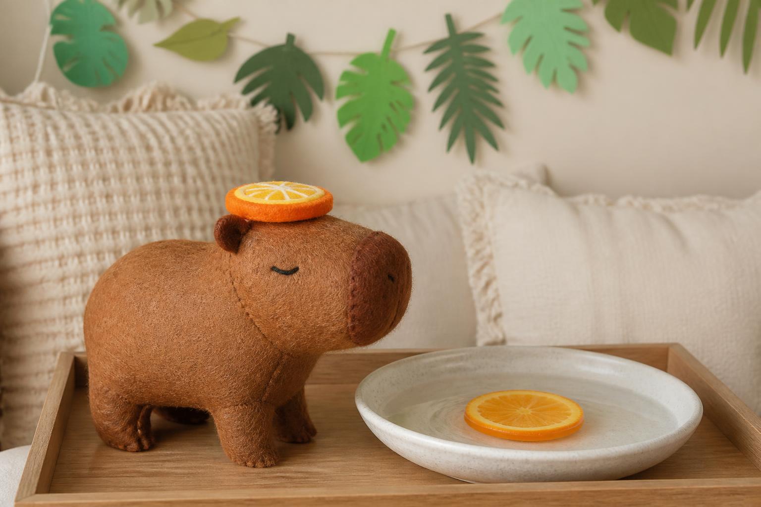 Capybaraparty: Plüschiges Capybaratier aus braunem Filz mit Orangenscheibe auf dem Kopf auf Holztablett neben Schüssel mit Wasser und aufgeschnittener Orange, Kissenhöhle aus Beigetönen und Girlande aus Papierblättern im Hintergrund, ohne Personen